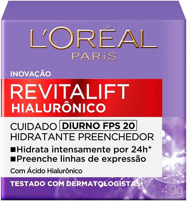 LOreal Paris Creme Facial Anti Idade com Acido Hialuronico Revitalift Diurno FPS 20 49g