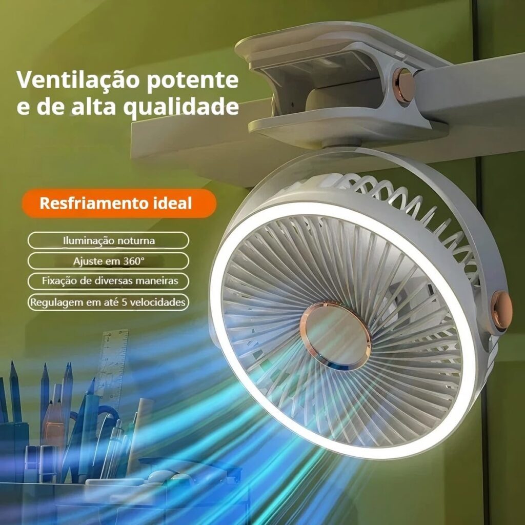 Ventilador de Mesa Portatil Recarregavel com Bateria de Longa Duracao 2400mAh LED Integrado
