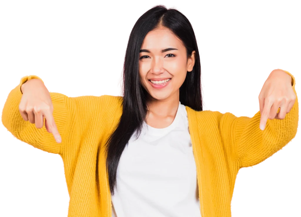 mulher apontando para baixo